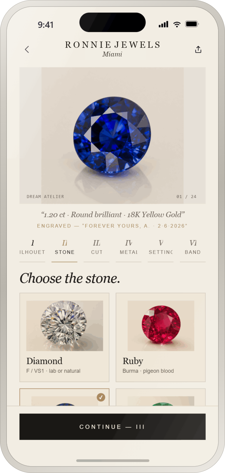 Client designing a piece — choosing the stone